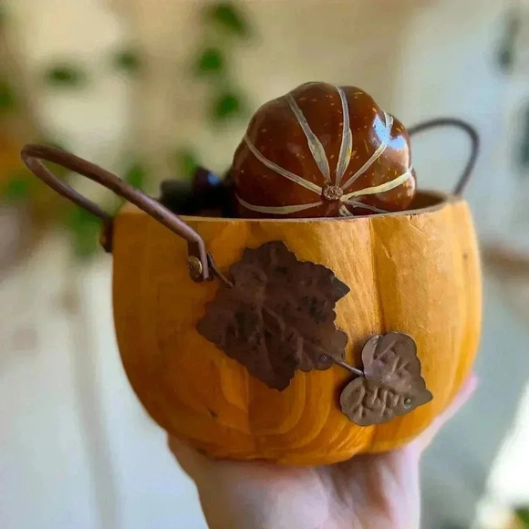 Pier 1 Other - Pier 1 Rustic Wooden Pumpkin Bowl with Metal Leaf Accents – 5” x 5”